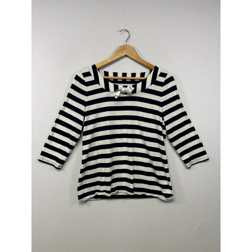 Nautical Preppy Talbots Womens LP Navy White Striped Pima Cotton Square Neck Top